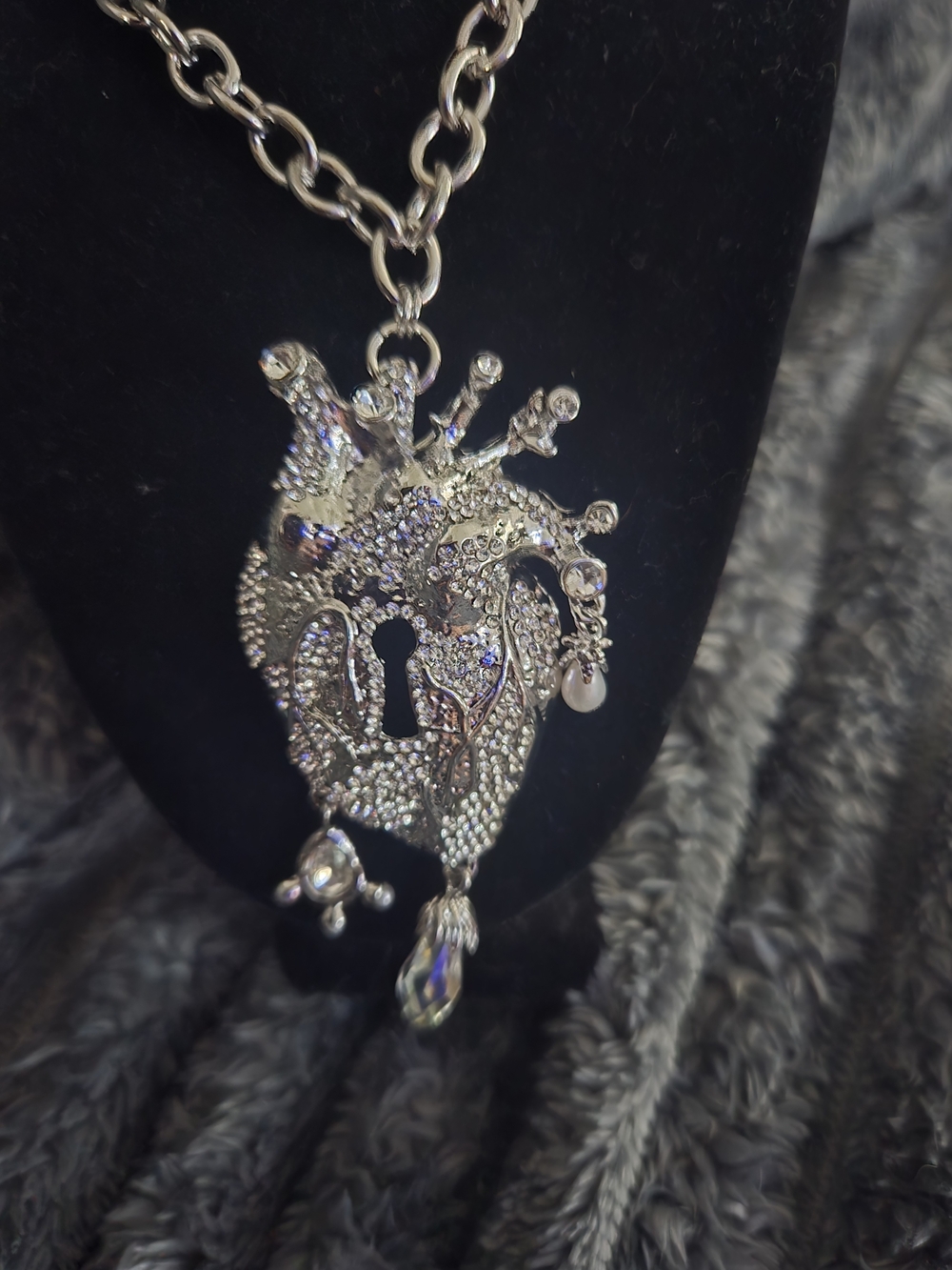 Schiaparelli Inspired Silver Crystal Heart Lock Pendant Necklace Keyhole Detail